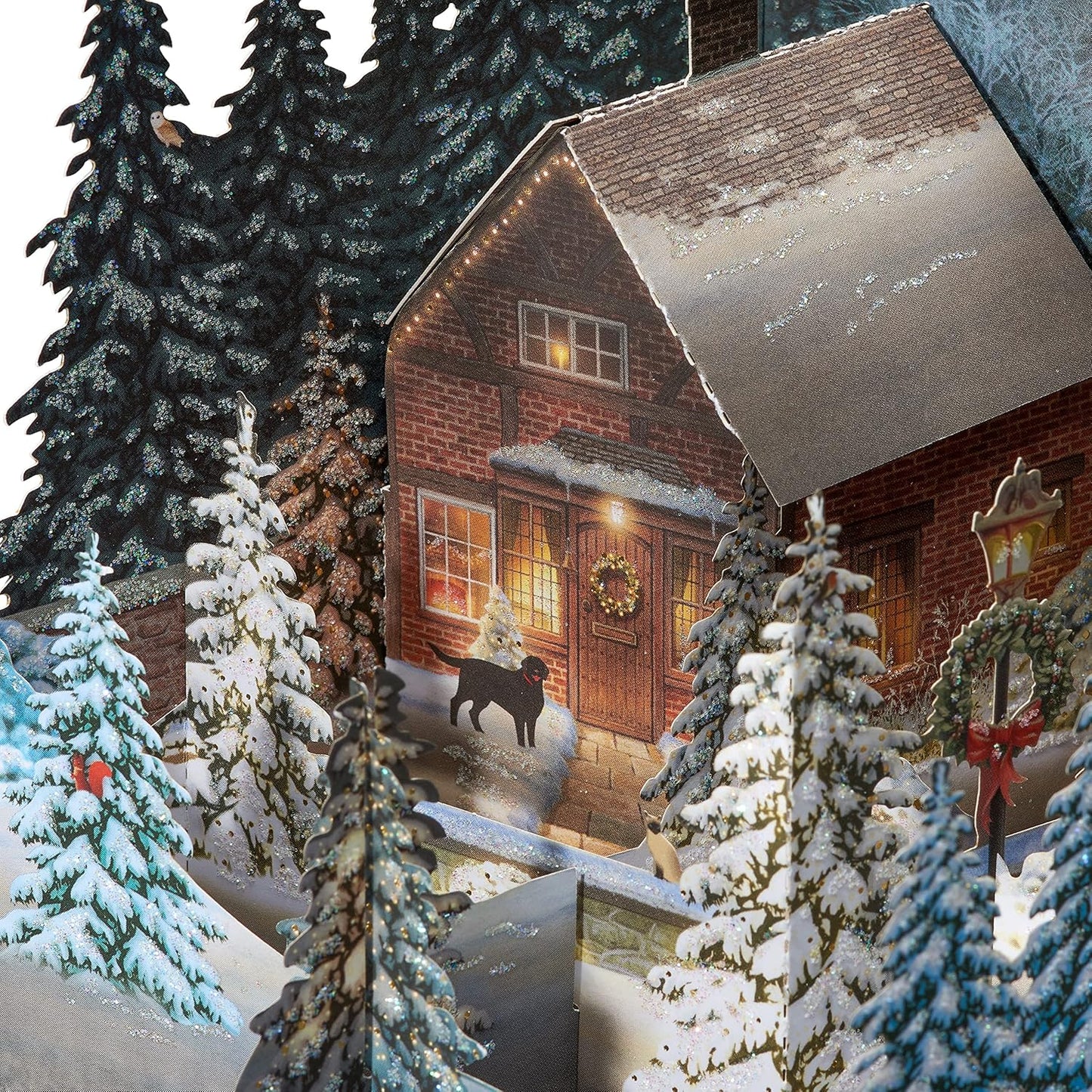 American Greetings 3D Holiday Card - Rustic Cottage Scene in Winter Pine Forest | Designed by Jacquie Lawson