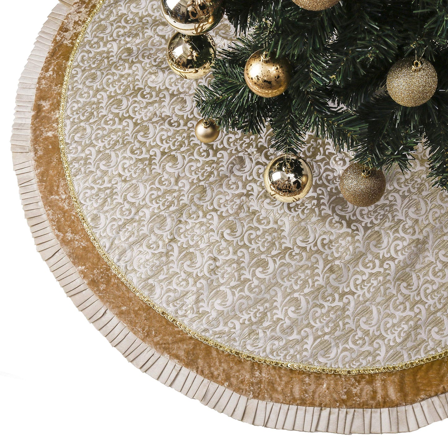Valery Madelyn Christmas Tree Skirt for Tree Decorations, 48 Inch Fabric White Gold Small Xmas Velvet Tree Skirt with Embroidery Baroque Pattern & Pleated Border for Tree Merry Christmas Party Decor