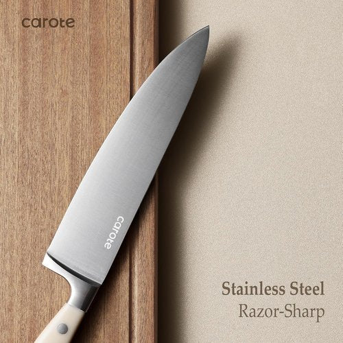 CAROTE 14-Piece Knife Set - Forged High Carbon Stainless Steel Blades | Dishwasher Safe Cutlery, Cream