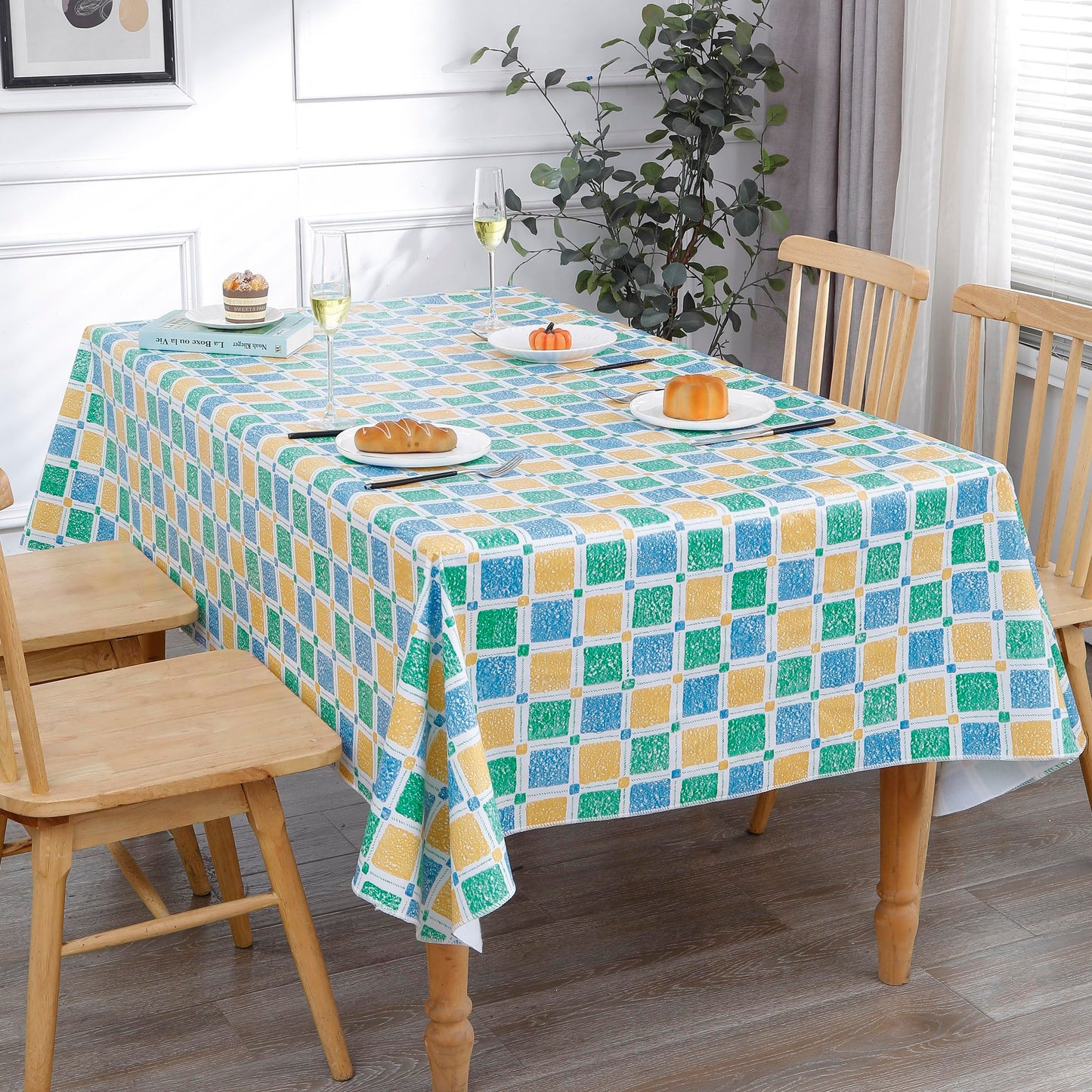 Walrus Heavy Duty Vinyl Tablecloth with Flannel Backing Waterproof Oil-Proof Plastic Table Cloth Stain-Resistant Wipeable Table Cover for Indoor and Outdoor (Stained Glass Checkered,60x84 Inch)