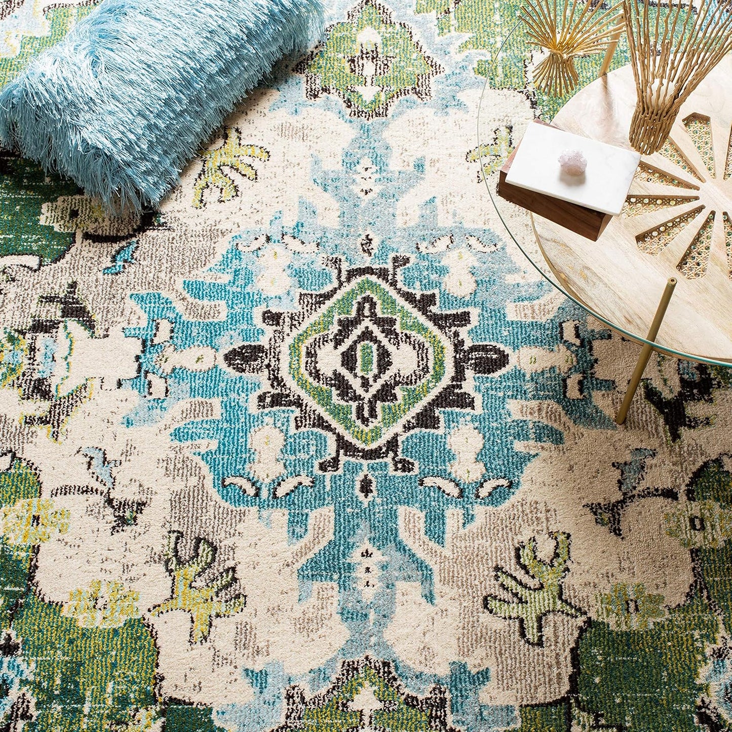 SAFAVIEH Monaco Collection Area Rug - 8' x 10', Forest Green & Light Blue, Non-Shedding, Easy to Clean | Distressed Medallion Design for Living Room & Bedroom