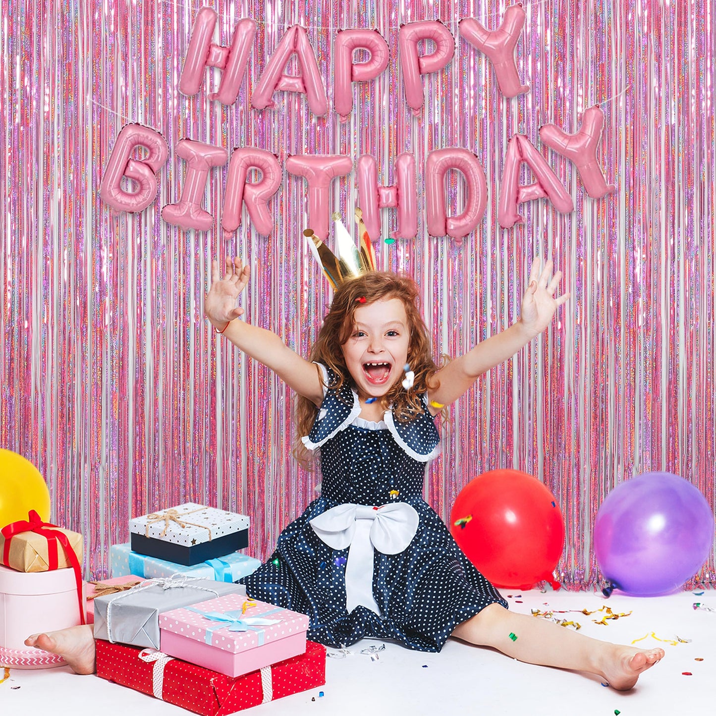 Melsan Pink Tinsel Curtains Backdrop, 3.2 ft x 8.2 ft Sparkle Metallic Foil Curtains for Mothers Princess Birthday Party Photo Background Decoration, 2 Pack