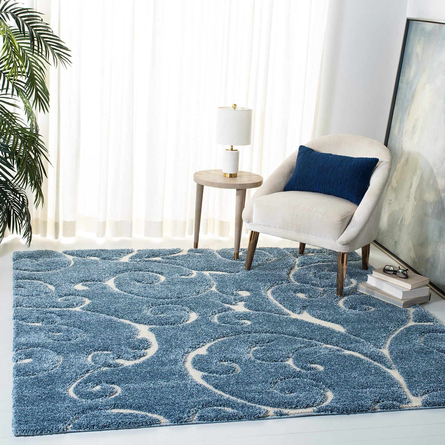 SAFAVIEH Florida Shag Collection 4' Square Light Blue/Cream SG455 Scrolling Vine Graceful Swirl Textured Non-Shedding Living Room Bedroom Dining Room Entryway Plush 1.2-inch Thick Area Rug