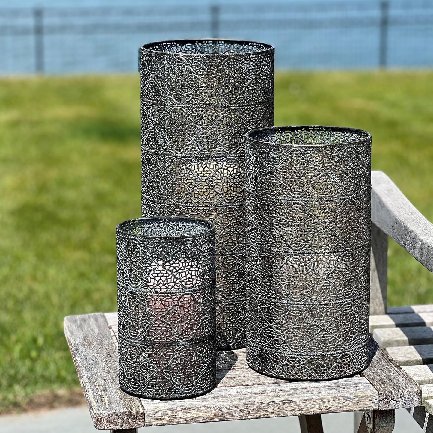 3 Piece Alhambra Hurricane Lantern Set, Lattice, Quatrefoil Pattern Metal Work, Distressed Dark Gold and Grey, Green Patina, 15.75 Inches Null