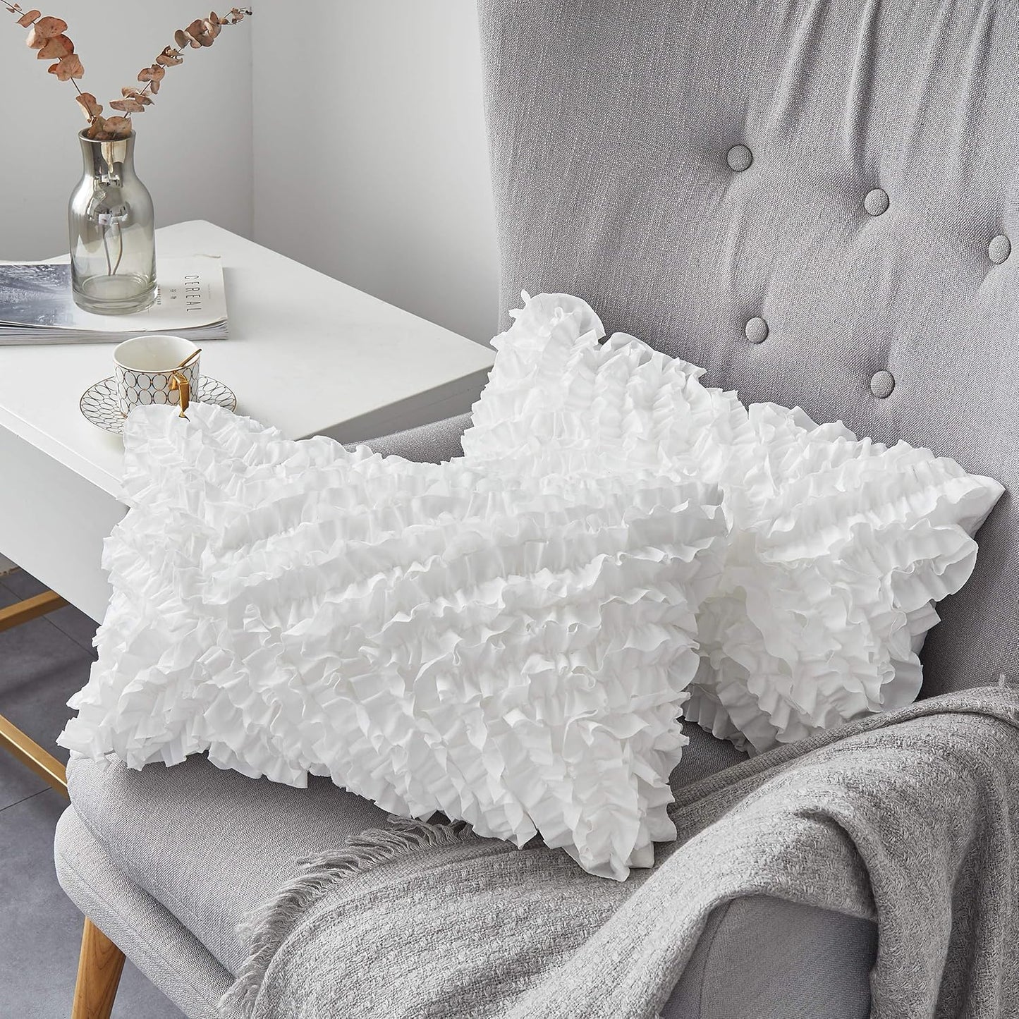 Oubonun Lumbar Pillow Set of 2 | 100% Cotton Decorative Rectangle Inserts - White Sofa Pillows
