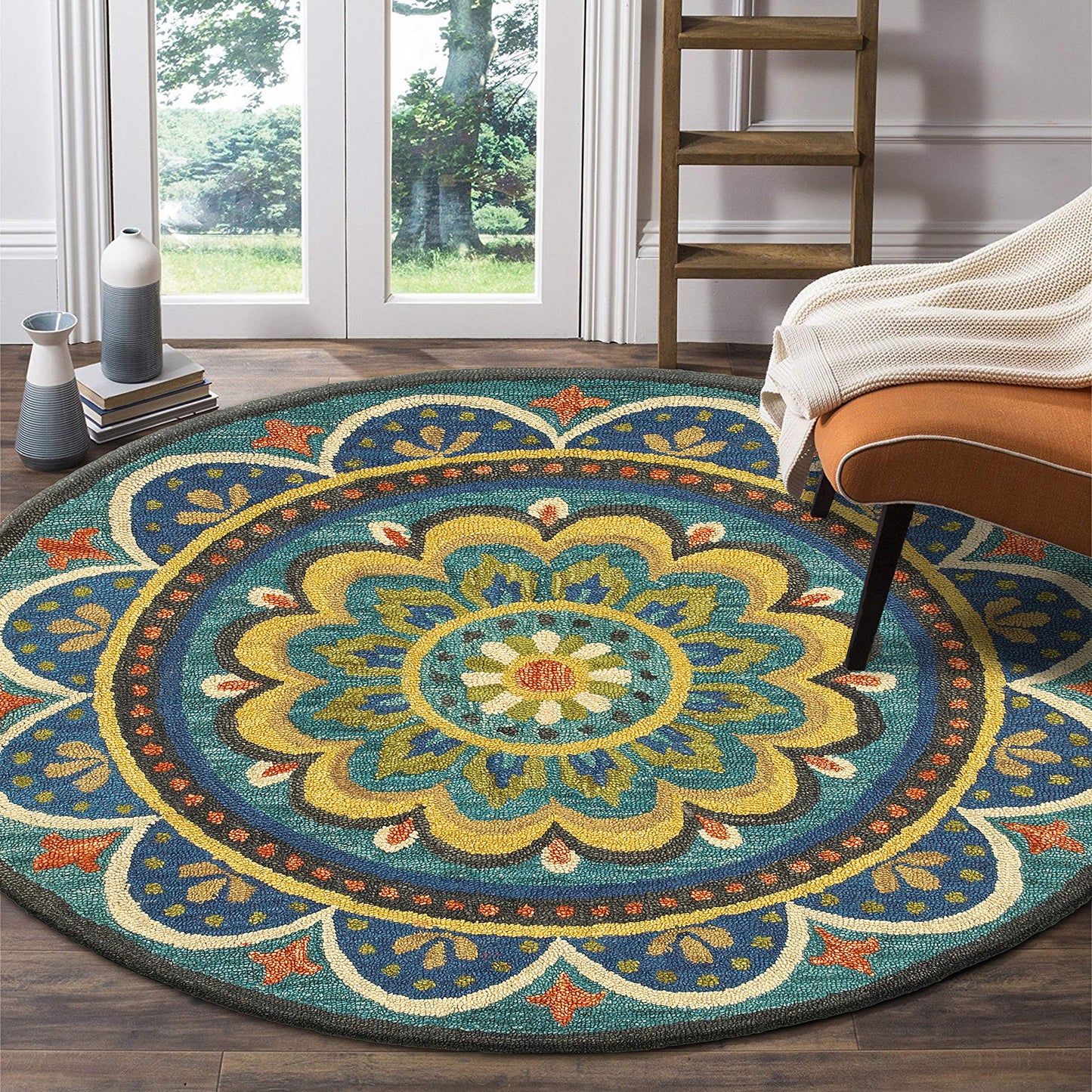 LR Resources Floral Escape Mandala Area Rug, 4' Round (LR54026-BL4RND)