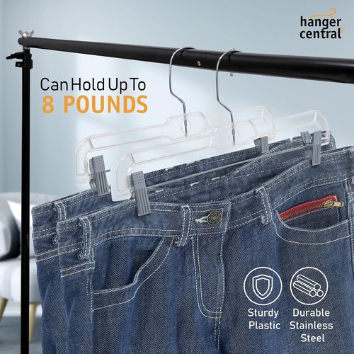 Hanger Central 14-Inch Clear Pants Hangers - Adjustable Clips & Non-Slip Design | 12 Pack Heavy-Duty Closet Organizers