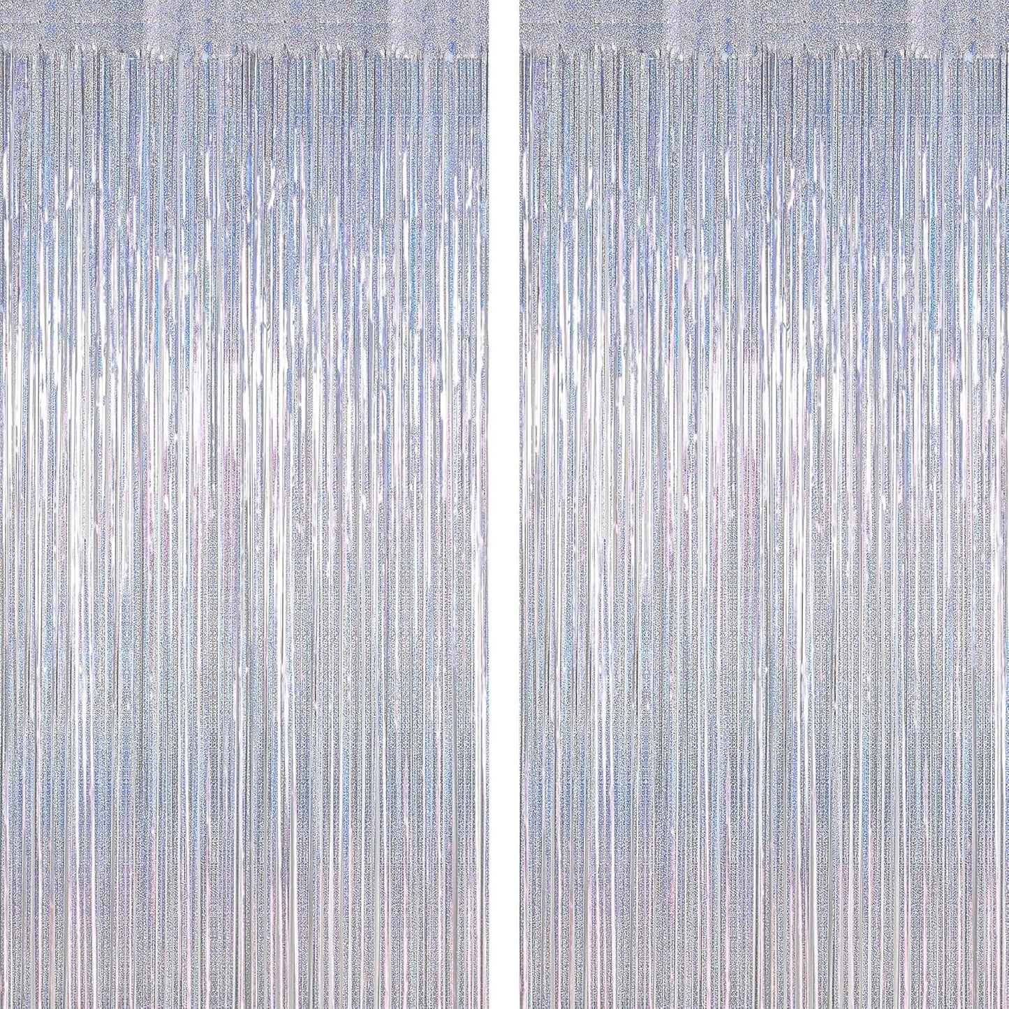 Skiennix Silver Metallic Tinsel Foil Curtains - 2 Pack Glitter Fringe Backdrop | 3.28 FT x 7.05 FT for Parties