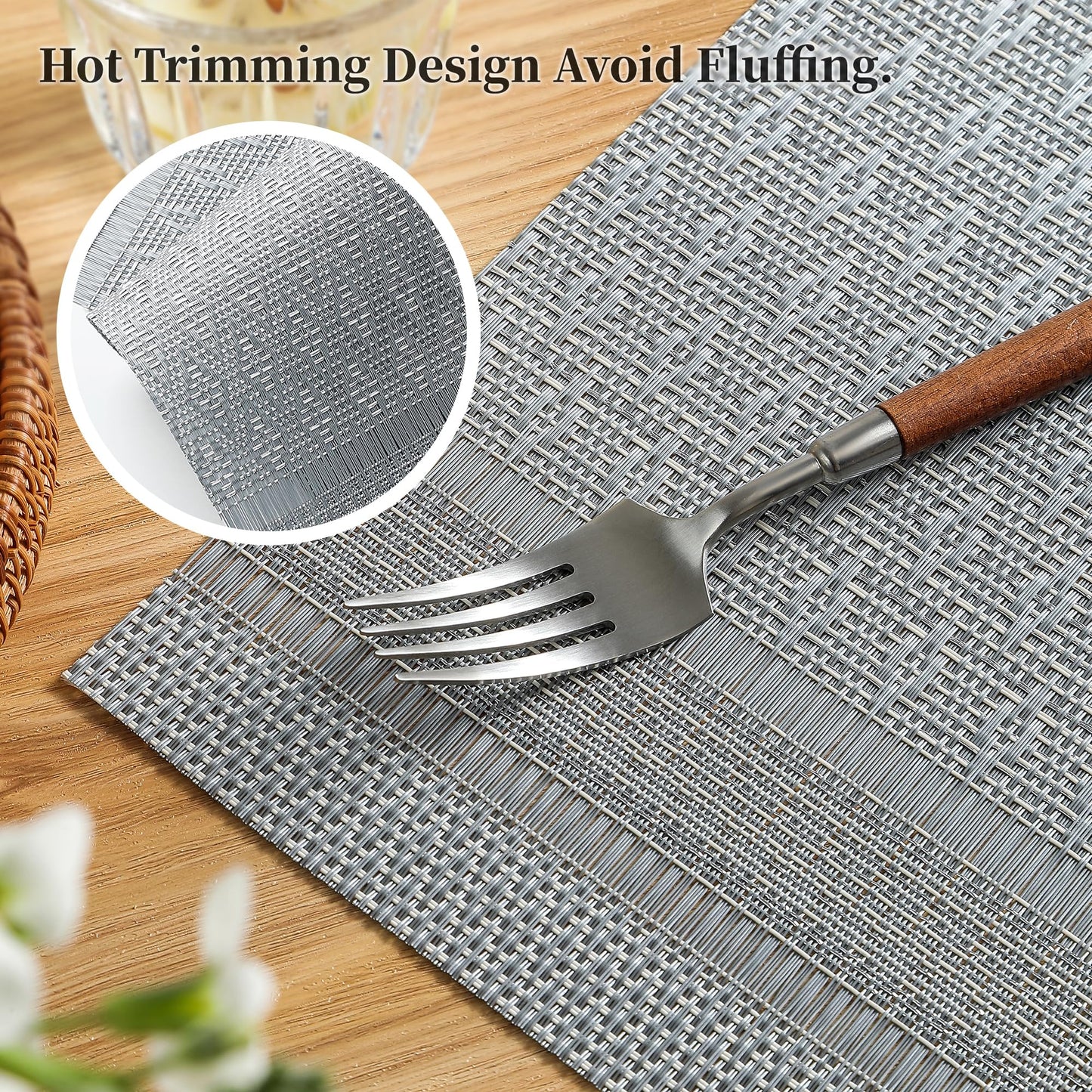 Leetaltree Lunar Grey Placemats Set of 6 - Heat Resistant Non-Slip Place mats for Dining Table, Washable Durable PVC Vinyl Woven Table Mats（Lunar Grey, 6）