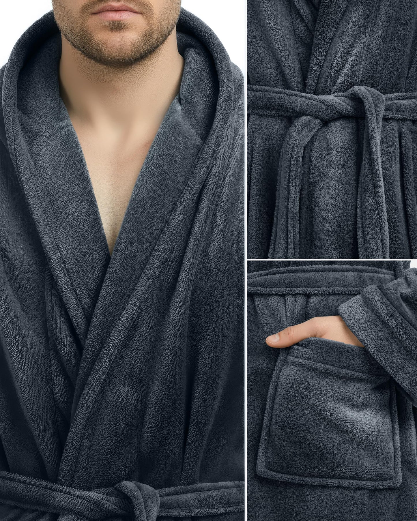 NY Threads Mens Robe with Hood, Luxury Plush Fleece Hooded Mens Bathrobe, Spa Bath Robe for Men, Small/Medium, Grey
