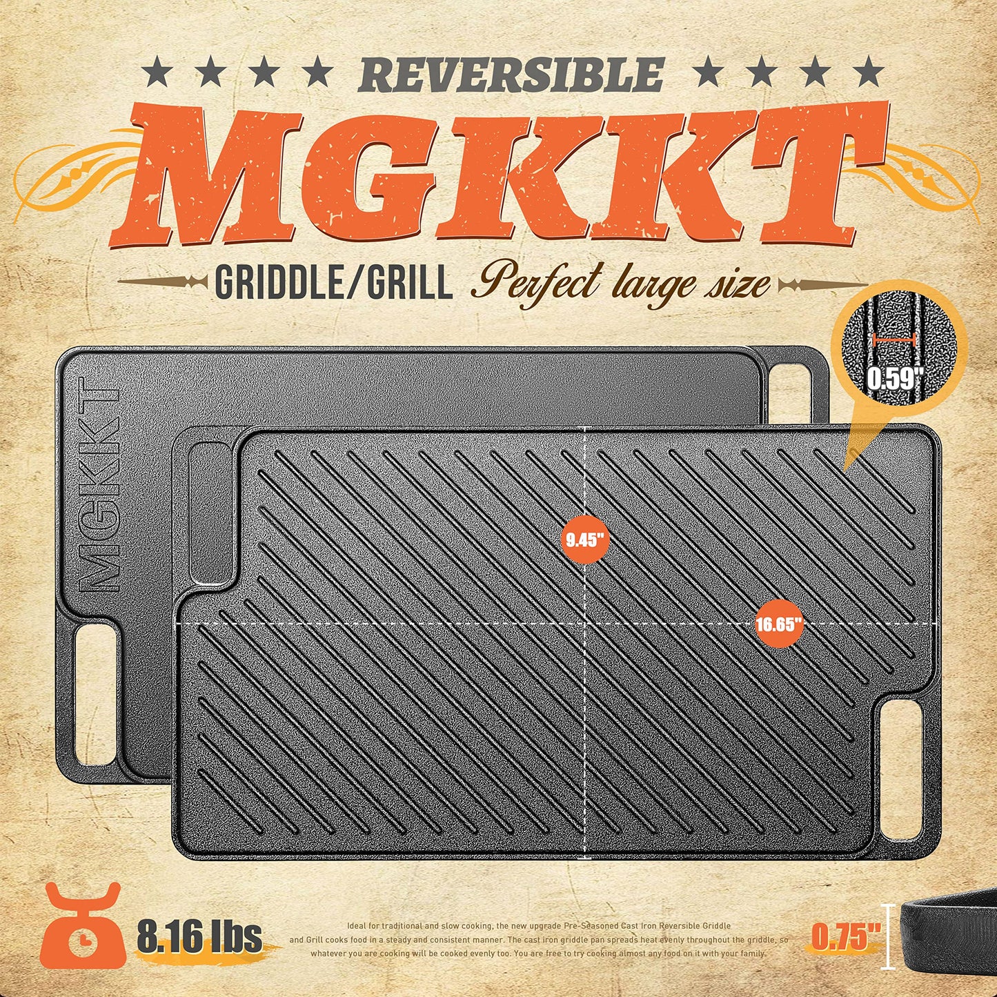 1-Piece 16.50 Inch Cast Iron Griddle Plate | Reversible Pre-Seasoned Cast Iron Grill Pan for Gas Stovetop | Double Sided Used on Open Fire & in Oven | Pre-Coated With Oil