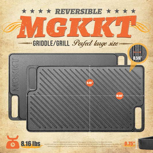 1-Piece 16.50 Inch Cast Iron Griddle Plate | Reversible Pre-Seasoned Cast Iron Grill Pan for Gas Stovetop | Double Sided Used on Open Fire & in Oven | Pre-Coated With Oil
