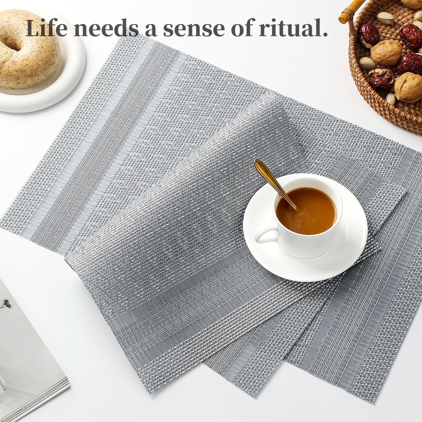 Leetaltree Lunar Grey Placemats Set of 6 - Heat Resistant Non-Slip Place mats for Dining Table, Washable Durable PVC Vinyl Woven Table Mats（Lunar Grey, 6）