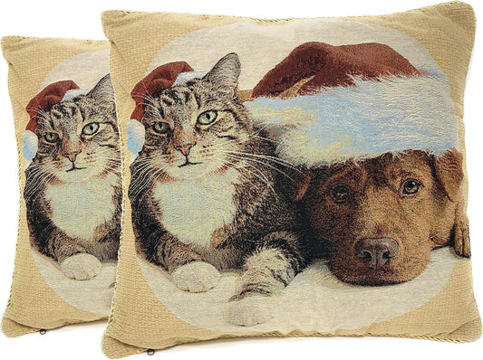 Christmas Cat & Dog Throw Pillow Covers - 2 Piece Holiday Cushion Set