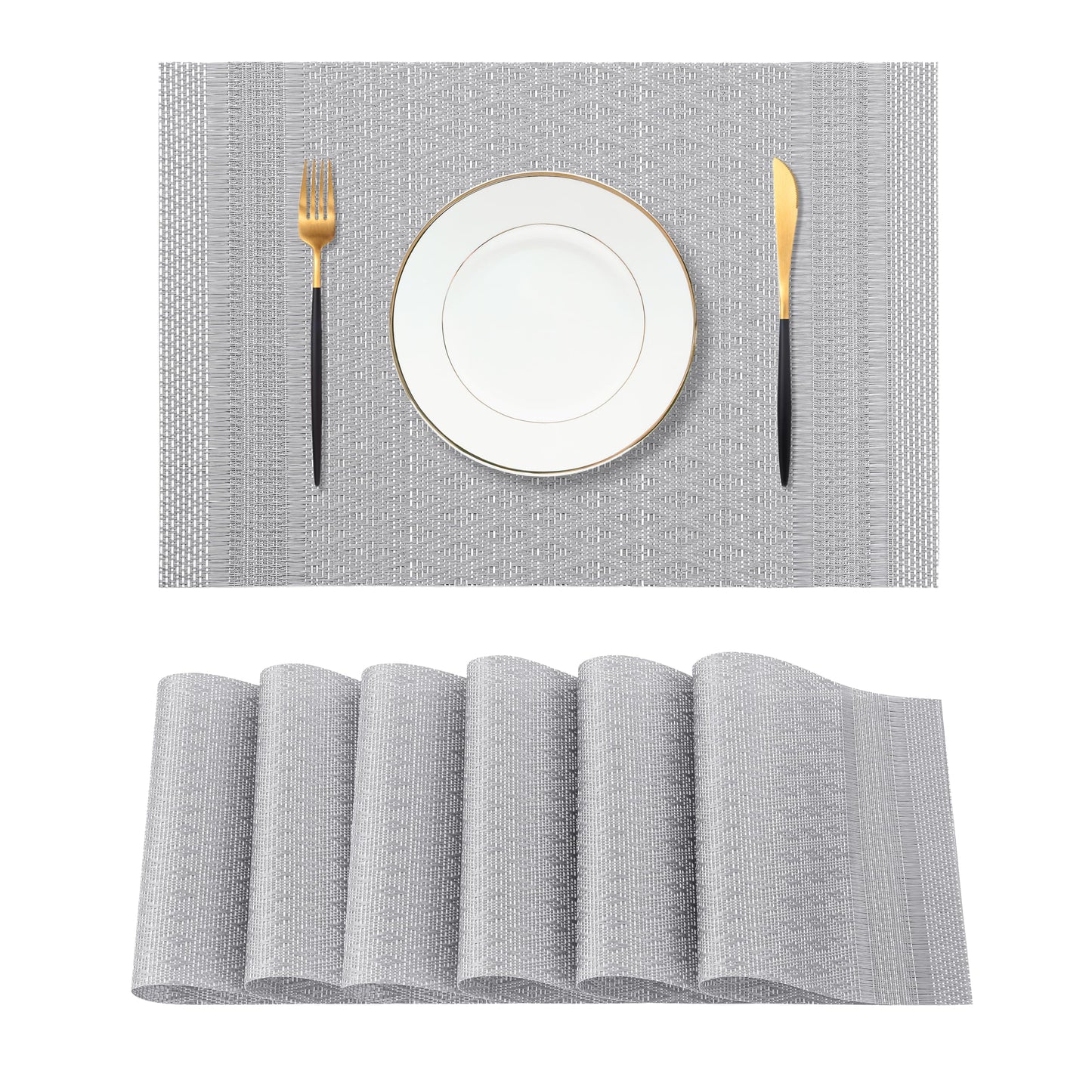 Leetaltree Lunar Grey Placemats Set of 6 - Heat Resistant Non-Slip Place mats for Dining Table, Washable Durable PVC Vinyl Woven Table Mats（Lunar Grey, 6）