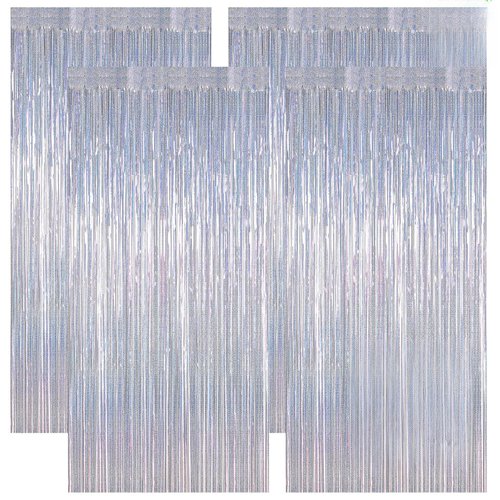 4 Pack NYE Silver Tinsel Foil Curtain, 3.28 FT x 7.05 FT Glitter Silver Tinsel Curtains, Metallic Foil Streamer Disco Fringe Backdrop Party Curtains, Birthday NEW Year Party Supplies Disco Decor