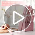 Pink 15-Piece Kitchen Knife Set with Block & Sharpener - High-Carbon Stainless Steel
