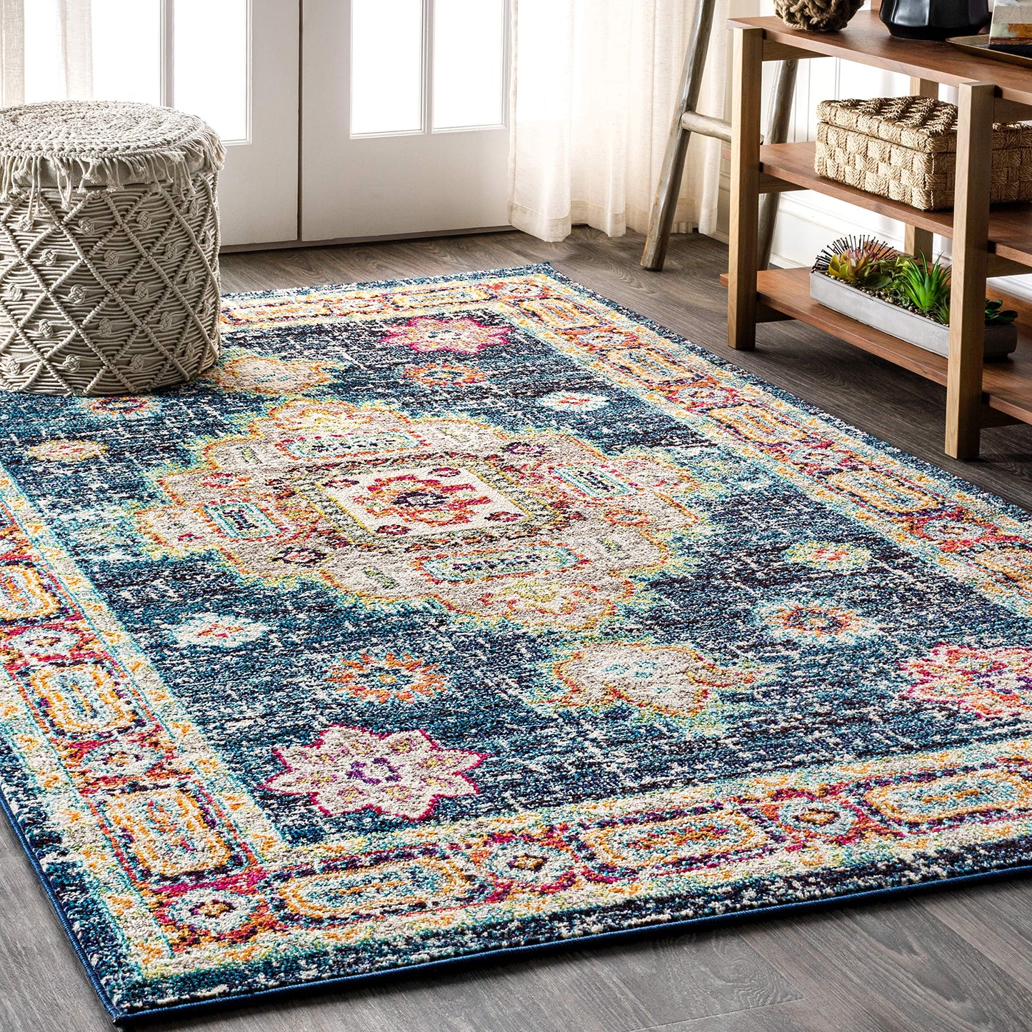 JONATHAN Y BMF100B-4 Bohemian Flair Boho Vintage Traditional Medallion Indoor Area-Rug Floral Easy-Cleaning High Traffic Bedroom Kitchen Living Room Non Shedding, 4 ft x 6 ft, Navy/Red