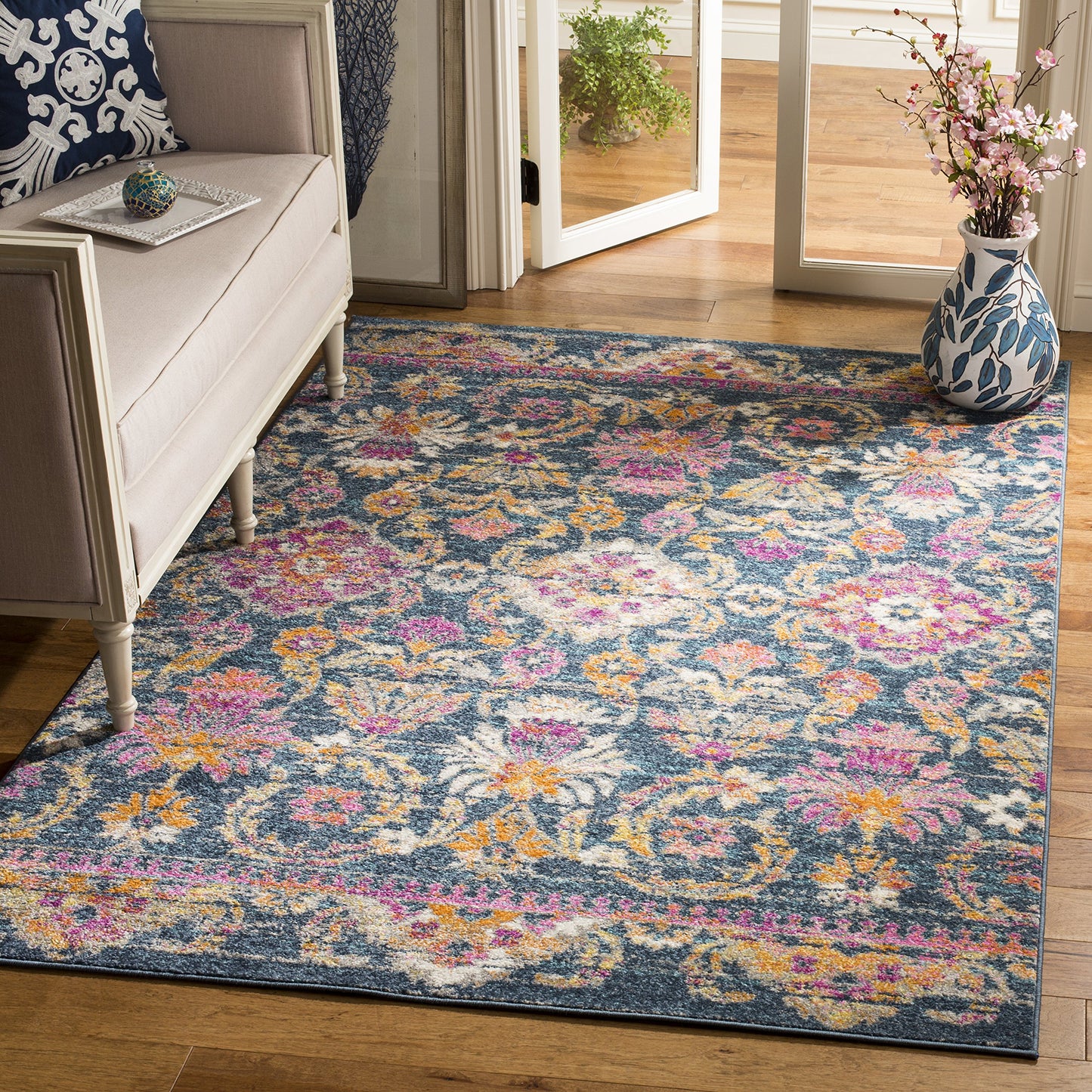 SAFAVIEH Madison Collection Accent Rug - 4' x 6', Blue & Fuchsia, Boho Chic Floral Design, Non-Shedding & Easy Care, Ideal for High Traffic Areas in Entryway, Living Room, Bedroom (MAD130C)