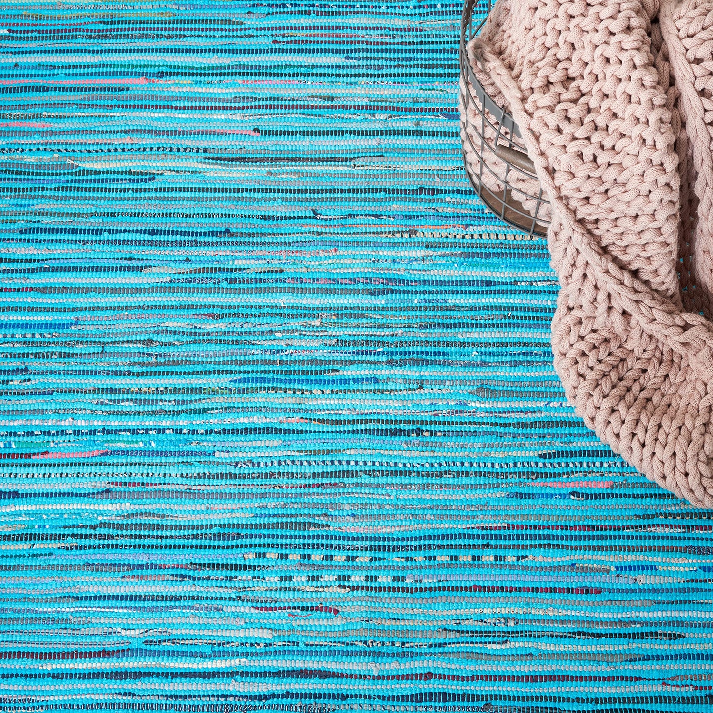 SAFAVIEH Rag Rug Collection 6' Square Turquoise / Multi RAR125C Handmade Boho Stripe Cotton Area Rug