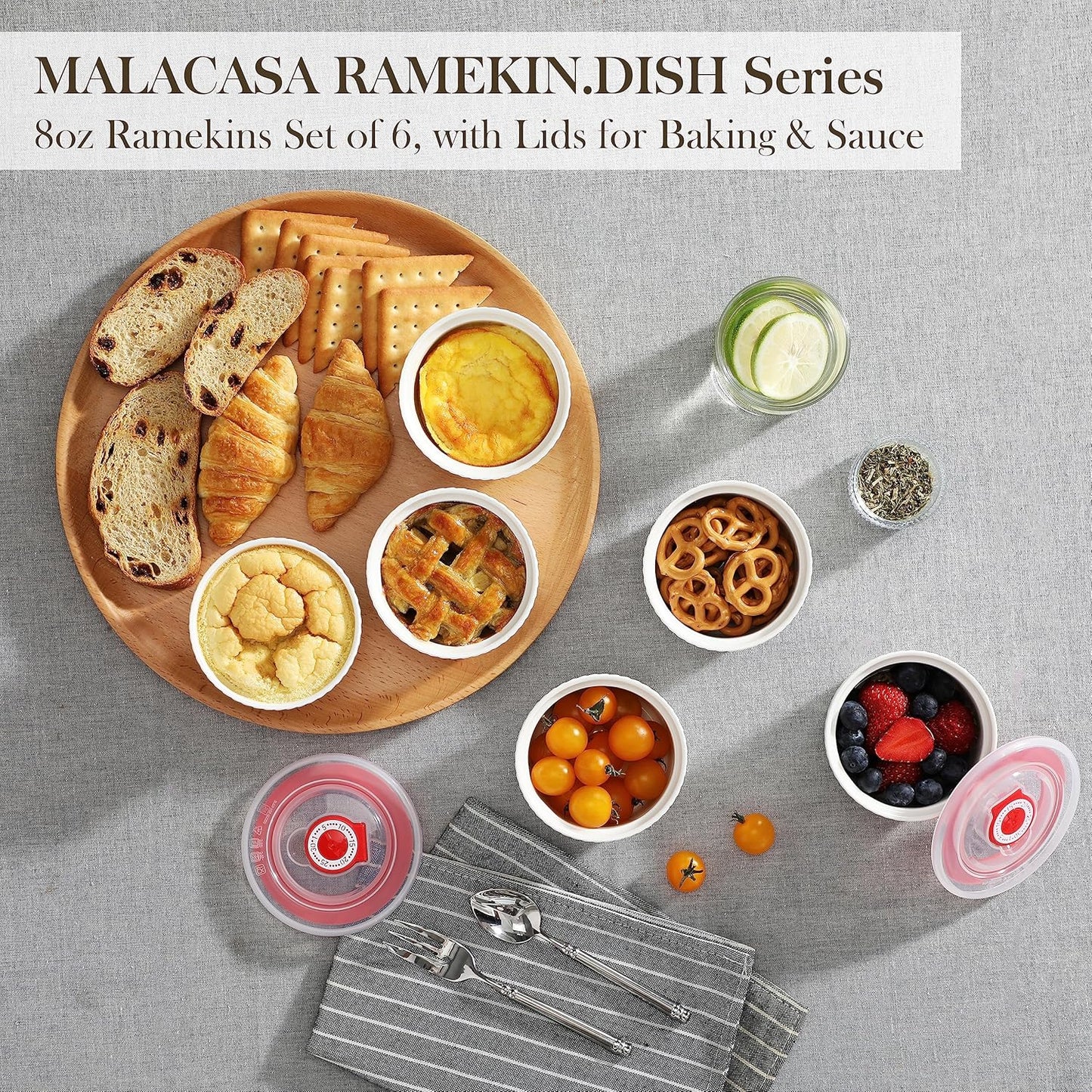 MALACASA Casserole Dishes - 8 oz Ramekins with Lids for Oven Baking | Durable & Stylish